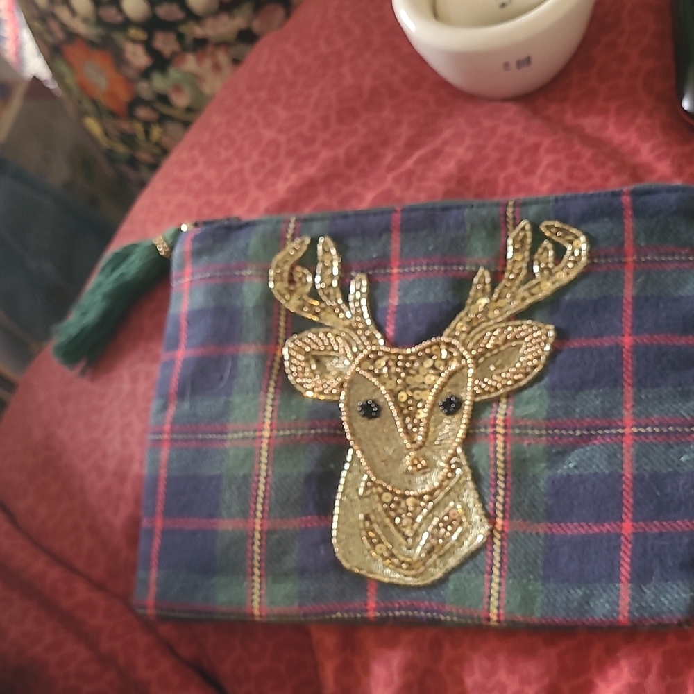 Beaded Gold Deer Plaid Clutch Twos Company